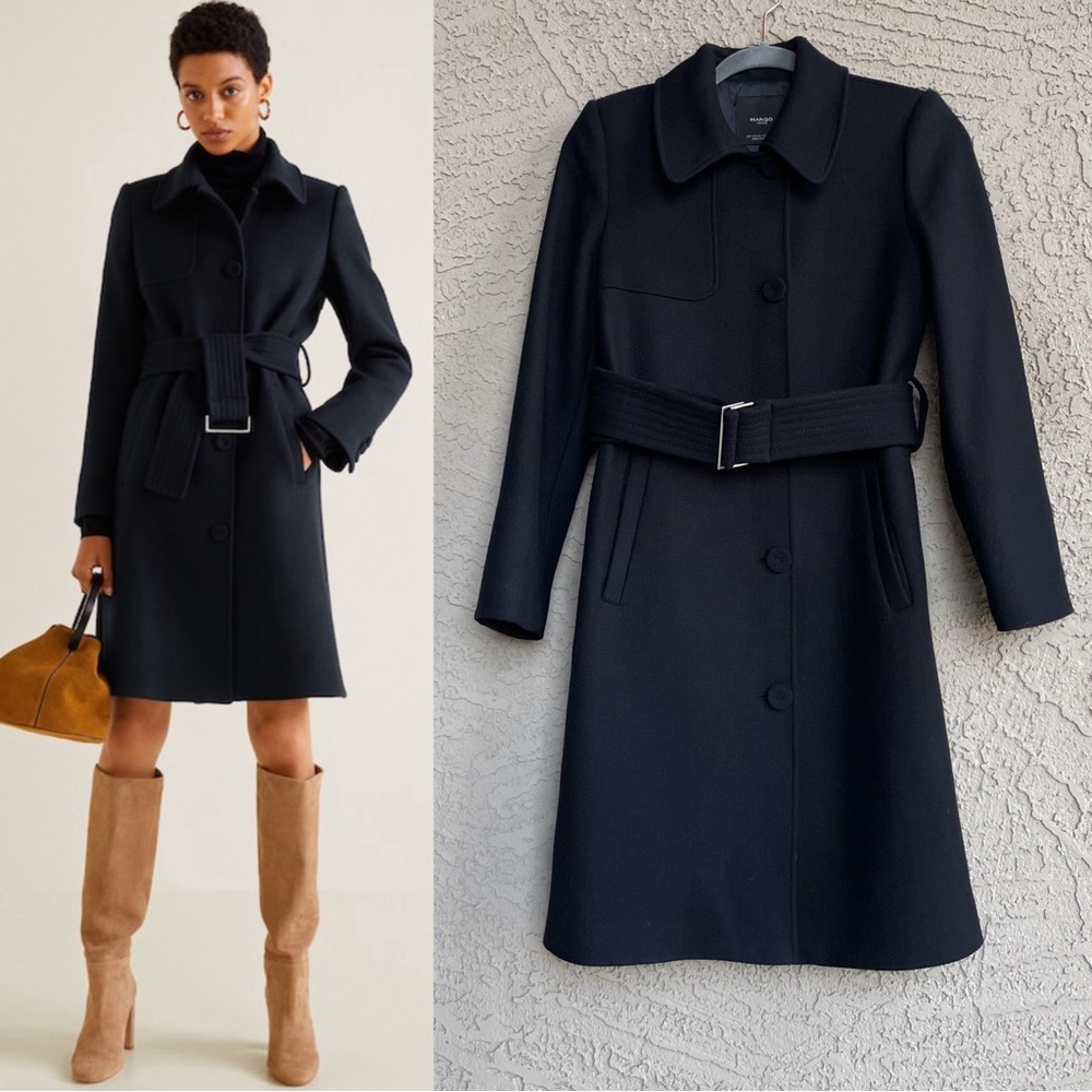 MANGO Navy Blue Belted Wool Trench Coat Dark Navy Flap Overcoat XXS— Fits XS too - Picture 10 of 17